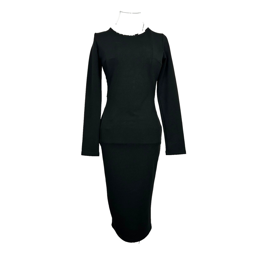 AGACI Dress Womens M Black Long Sleeve Cutout Knee Length Rhinestone Back Belt